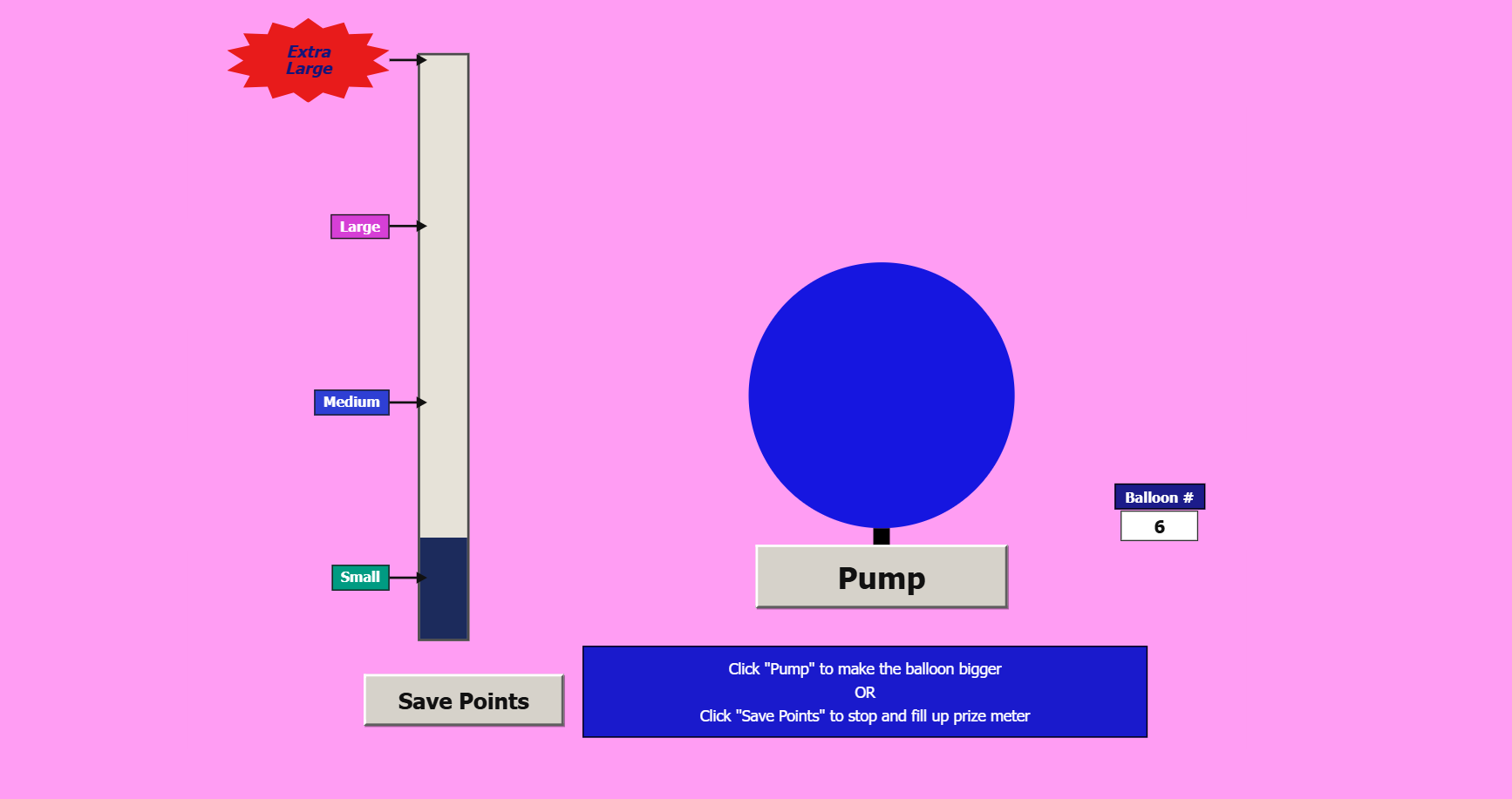 Screenshot of the youth version of the Balloon Analogue Risk Task (BART-Y) showing the balloon and a points reward meter