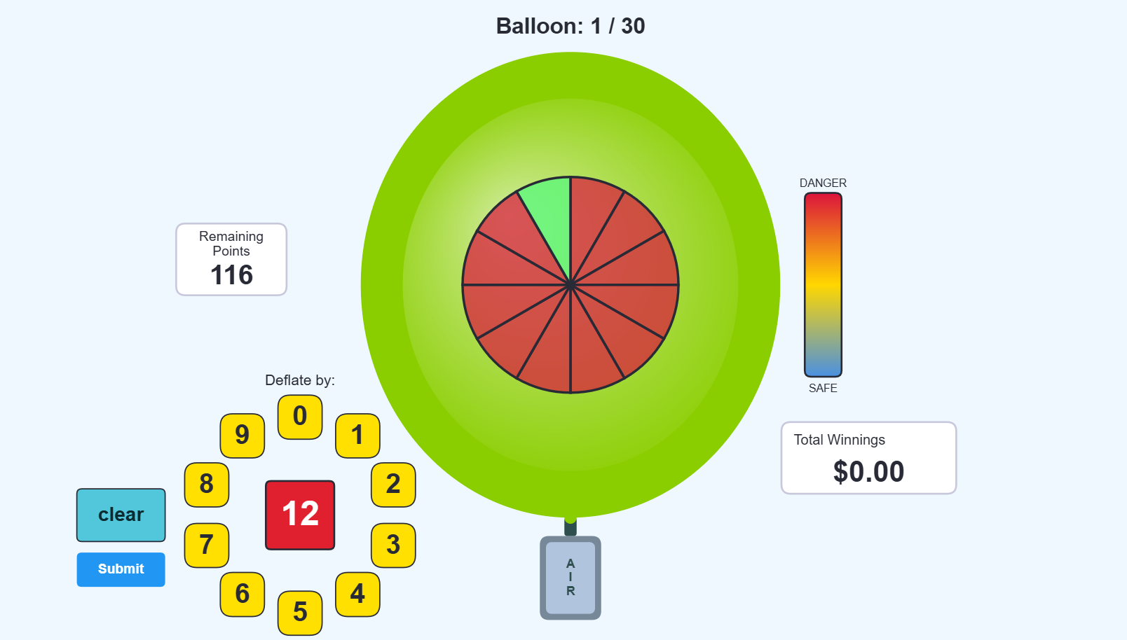 Screenshot of the Balloon Risk Avoidance Task (BRAT) showing a fully inflated balloon and the danger meter used to deflate it